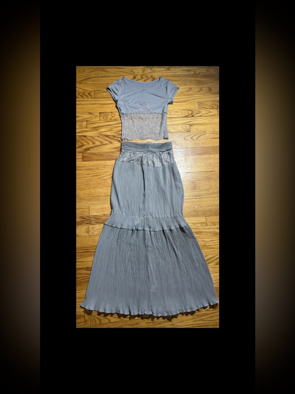 Wardrobe Lace Panel Ribbed Knit Maxi Dress Set top & Bottom sz XS Excellent Gray